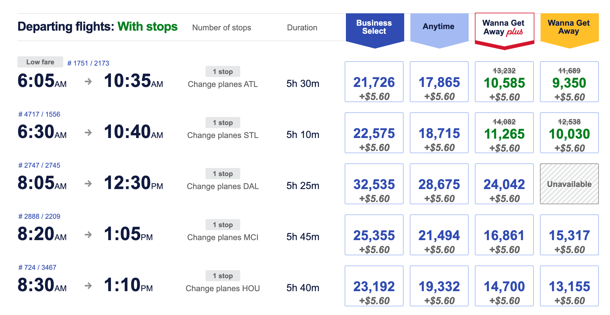 One-stop Southwest award flights from Orlando to New Orleans